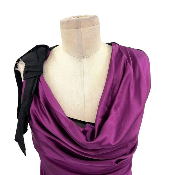 Vera Wang Bodycon Mini Dress Sleeveless Satin Tie Sleeve Draped Purple‎ Size 2 - Picture 4 of 14